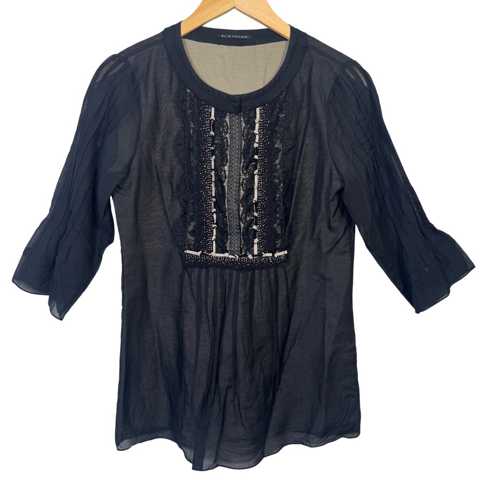 Elie Tahari Womens Black Top XS Pleated Sheer Lace Beaded Whimsigoth Cotton Silk